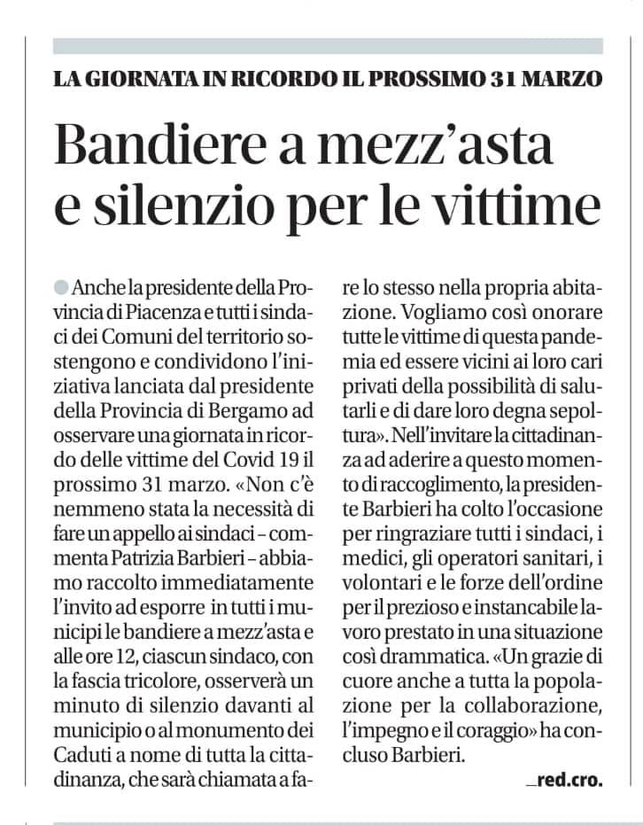 Minuto di silenzio e bandiere a mezz’asta per le vittime del COVID-19